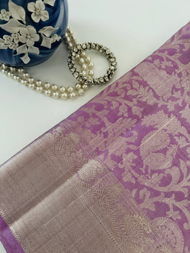 ShopNaya Exclusive | Metallic Kanchipuram Pure Silk Saree | Lilac | Pure Silver Zari | Handwoven | Ships from California